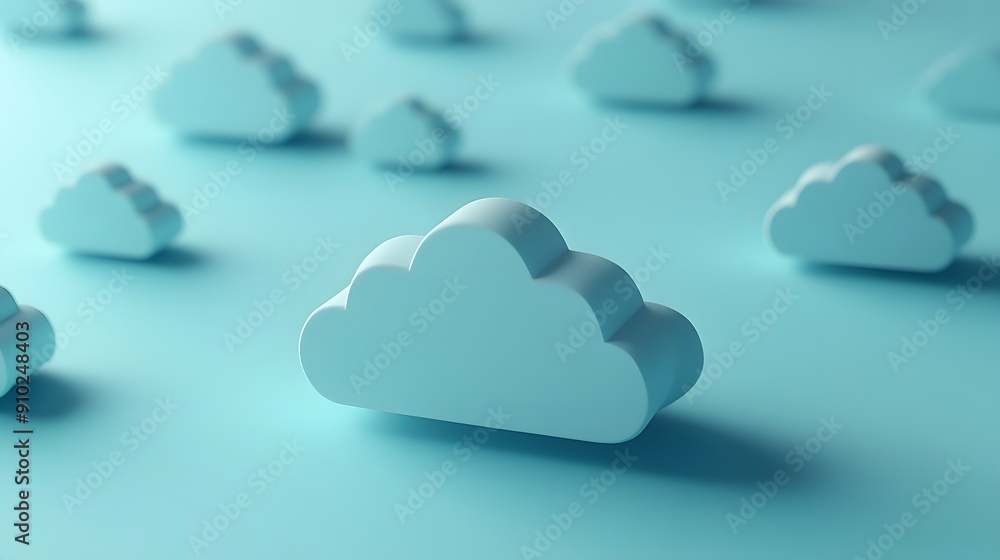 Poster 3d render of abstract cloud shapes on a light blue background, symbolizing cloud computing, data sto