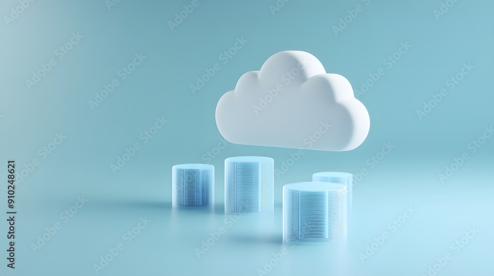 Poster 3d render of cloud icon and bar chart on blue background, representing cloud computing, data analysi