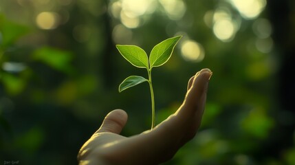 A delicate green sprout held gently in a hand against a soft, blurred background of nature.