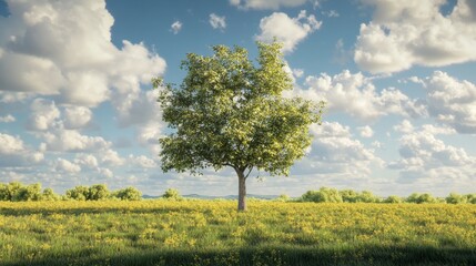 Fototapeta premium A robust green tree stands alone in a vibrant meadow under a blue sky filled with fluffy clouds.
