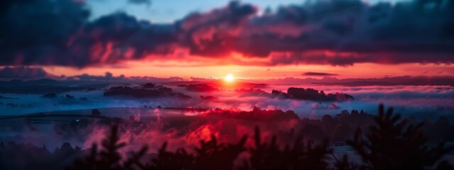  The sun sets over a fog-laden landscape, trees dotting the foreground, a red and blue-hued sky framing the backdrop