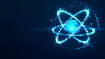 Abstract illustration of an atom with glowing blue electrons, representing scientific concepts and modern technology.