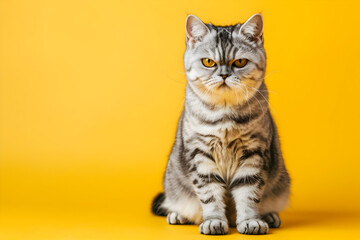 Obraz premium Adorable cat with striking stripes sitting against a vibrant yellow background, showcasing its unique personality and charm.