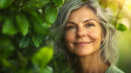 Fototapeta premium A serene, middle-aged Caucasian woman with gray hair smiles warmly amidst lush green foliage, exuding tranquility and confidence.
