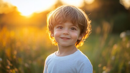 A cheerful young boy with wavy brown hair smiles brightly against a golden sunset, capturing the essence of childhood joy.