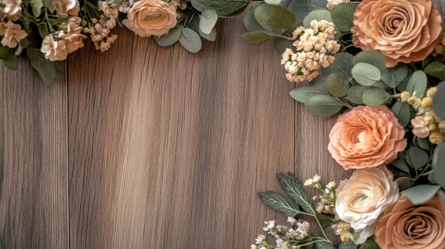 Rustic wedding invitation design with wood texture and minimal floral details in the corners, highlighting a natural and charming theme