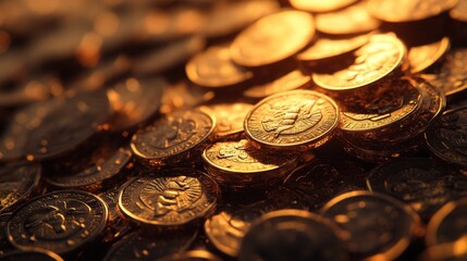 Close-up of glistening gold coins, reflecting warm light and creating an inviting, luxurious atmosphere.