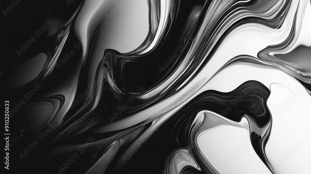 Poster fluid black and white abstract design with swirling patterns and smooth textures.