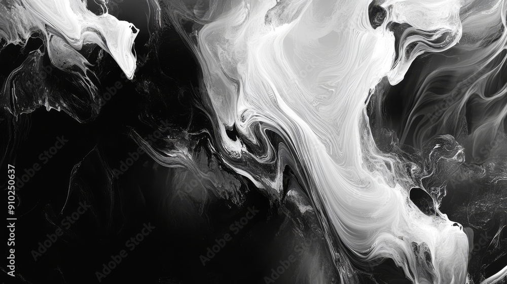 Poster a mesmerizing swirl of monochrome colors, blending soft whites and deep blacks in an abstract patter