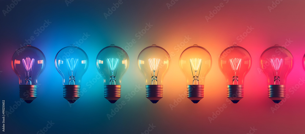 Poster colorful light bulbs in a row illuminated with vibrant hues, creating a dynamic and artistic ambianc
