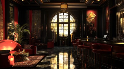 Obraz premium A stylish interior of a luxurious bar featuring bold red accents and elegant decor.