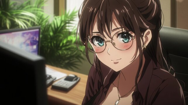 Smiling Asian woman with glasses at her desk, exuding confidence in a stylish office setting.