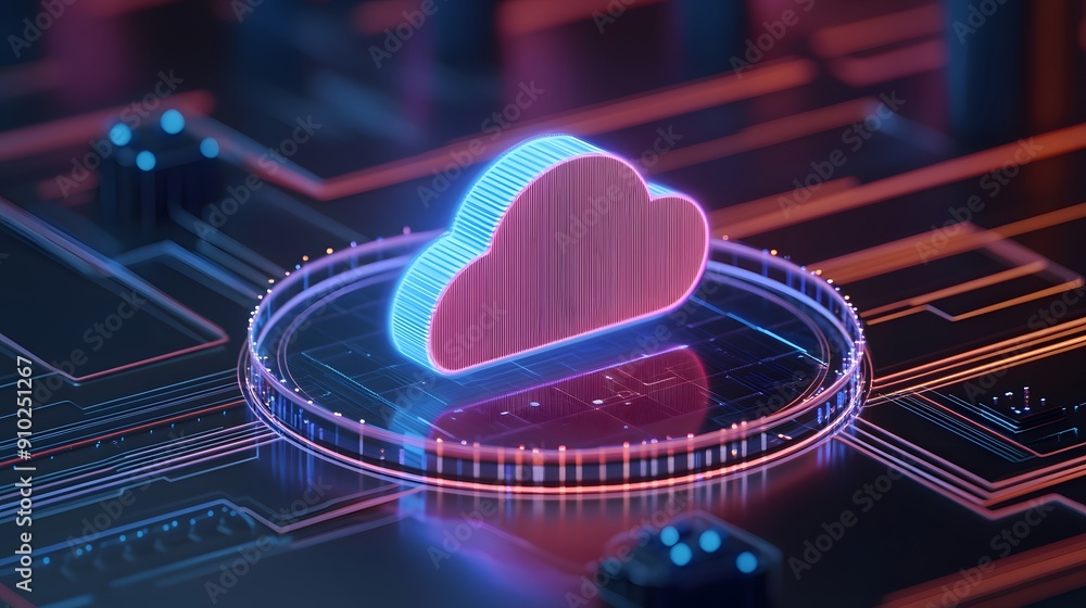 Poster 3d rendering of cloud computing symbol with futuristic glowing elements, representing digital techno