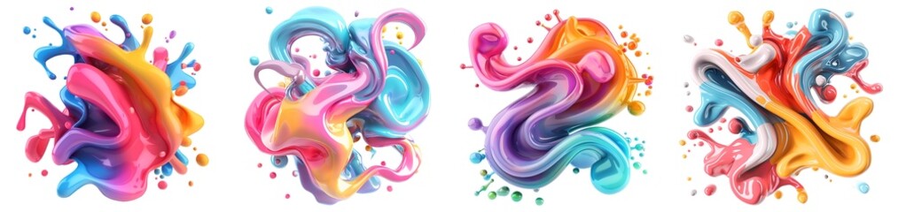 Set of bright mixed iridescent Futurist colourful glossy shiny abstract bubble liquid paint Installation swirl sculpture on transparent cutout PNG file. Many different design. Mockup template artwork
