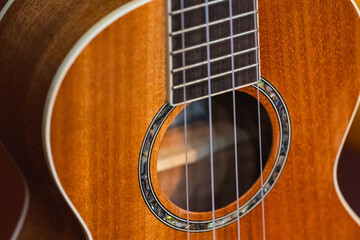 detail of wooden ukulele and strings