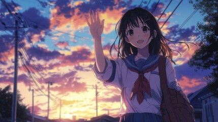 A cheerful young Asian girl waves goodbye at sunset, dressed in a school uniform, radiating warmth and joy.