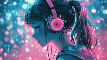 Side profile of an Asian female wearing headphones, immersed in music, illuminated by vibrant pink and blue lights.