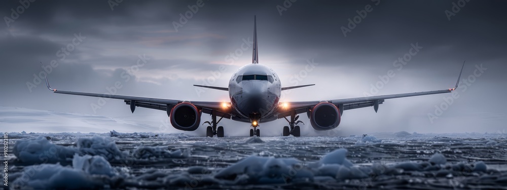 Sticker a large jetliner rests on an airport tarmac beneath ominous clouds, icebergs distant in the backgrou