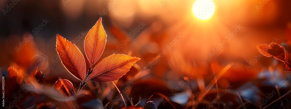 Sticker  A tight shot of a plant with sun rays filtering through its leaves Grass in sharp focus in the foreground, background softly blurred