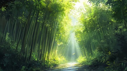 Obraz premium A serene bamboo forest bathed in soft sunlight, showcasing vibrant greenery and a tranquil pathway.