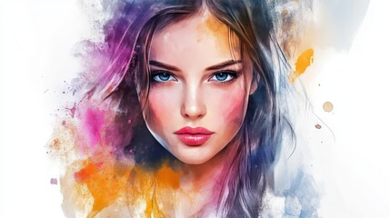 A striking portrait of a young Caucasian woman with vibrant colors blending around her, showcasing a mix of beauty and artistic flair.