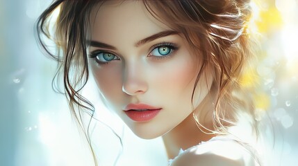 Fototapeta premium A stunning young woman with captivating blue eyes and soft, tousled hair, exuding a dreamy and ethereal beauty.