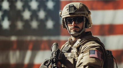 A soldier wearing tactical gear and holding a firearm stands in front of a blurred American flag, symbolizing patriotism, bravery, and national service in a realistic setting.