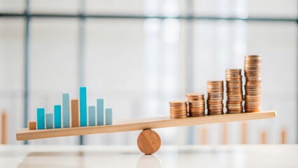 Seesaw with Coin Piles and Analytics Data: Financial Balance in Business
