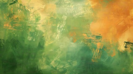 Serene Pastel Green and Vibrant Orange Brush Strokes on Textured Canvas Abstract Artistic Background