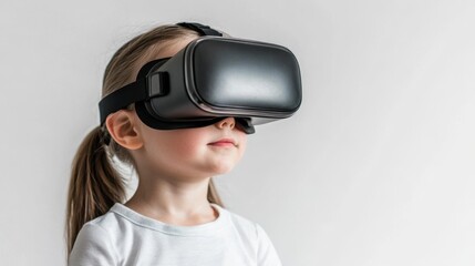 A young girl with long hair experiences virtual reality using a sleek VR headset, showcasing curiosity and excitement.