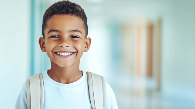 Young elementary school student smiles happily in the hallway at school while wearing a backpack. Copy space. Education concept - Powered by Adobe