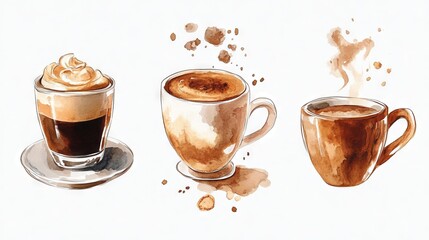 Beautiful watercolor illustration of three different coffee cups, showcasing rich textures and warm tones.