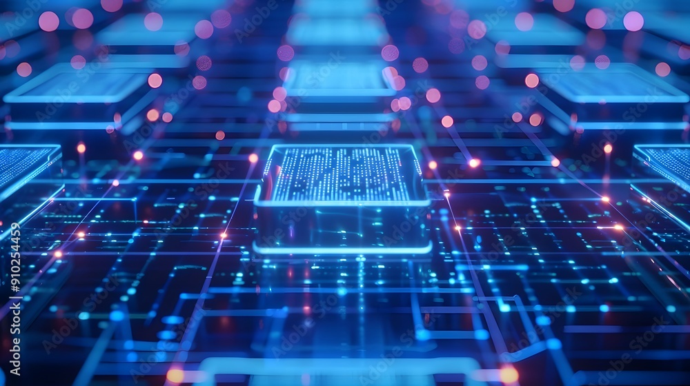 Poster a futuristic digital motherboard with glowing circuits and microchips, representing advanced technol