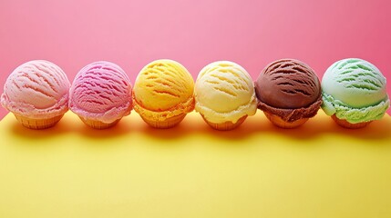 A colorful array of six ice cream cones, featuring pink, yellow, white, brown, and green flavors, set against a vibrant pastel backdrop.