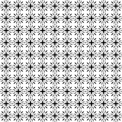 Simple geometric floral pattern arranged in a grid layout. backgrounds, wallpapers, fabrics, and tiles with a classic black and white design.