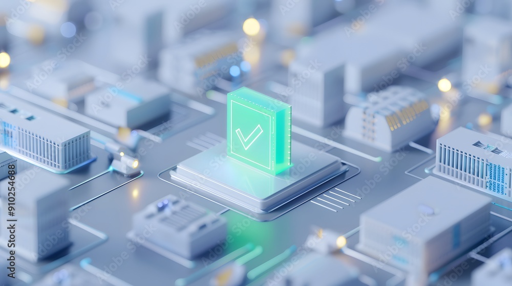 Poster a futuristic representation of technology and networking, featuring a glowing green checkmark on a c