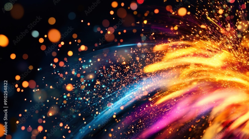 Poster sharp close-up of fire sparks flying against a black backdrop, capturing the vivid colors and dynami
