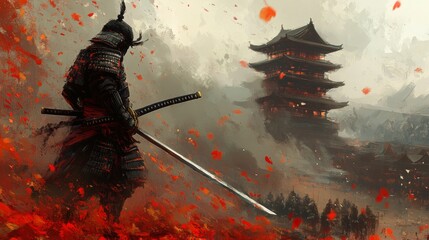 A solitary male samurai stands in a dramatic landscape, sword drawn, amidst swirling red leaves and an ancient pagoda in the background.