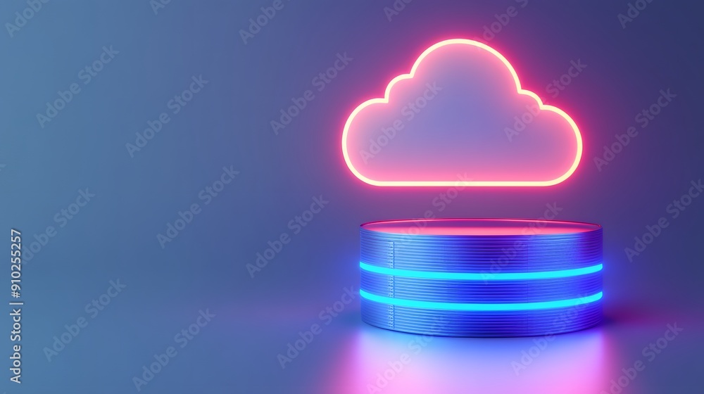 Poster a glowing neon cloud icon hovering over a futuristic pedestal, representing cloud computing and mode