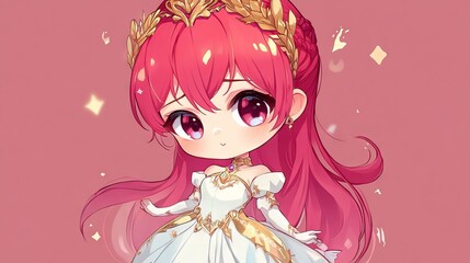A cute anime girl with vibrant pink hair, adorned in a royal white gown with golden accents, exuding elegance and charm.