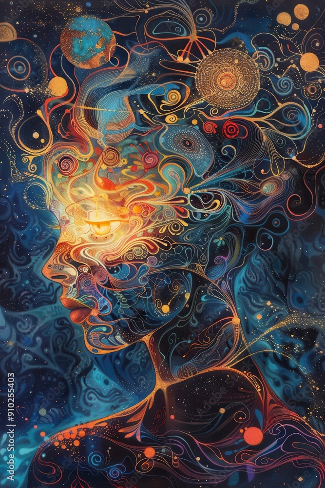 Poster illuminated mind: person with glowing head surrounded by abstract patterns of enlightenment and crea