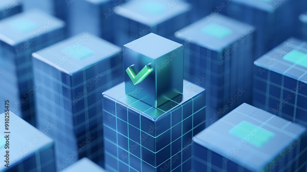 Poster abstract 3d concept of a check mark on a blue block among others. represents approval, selection and