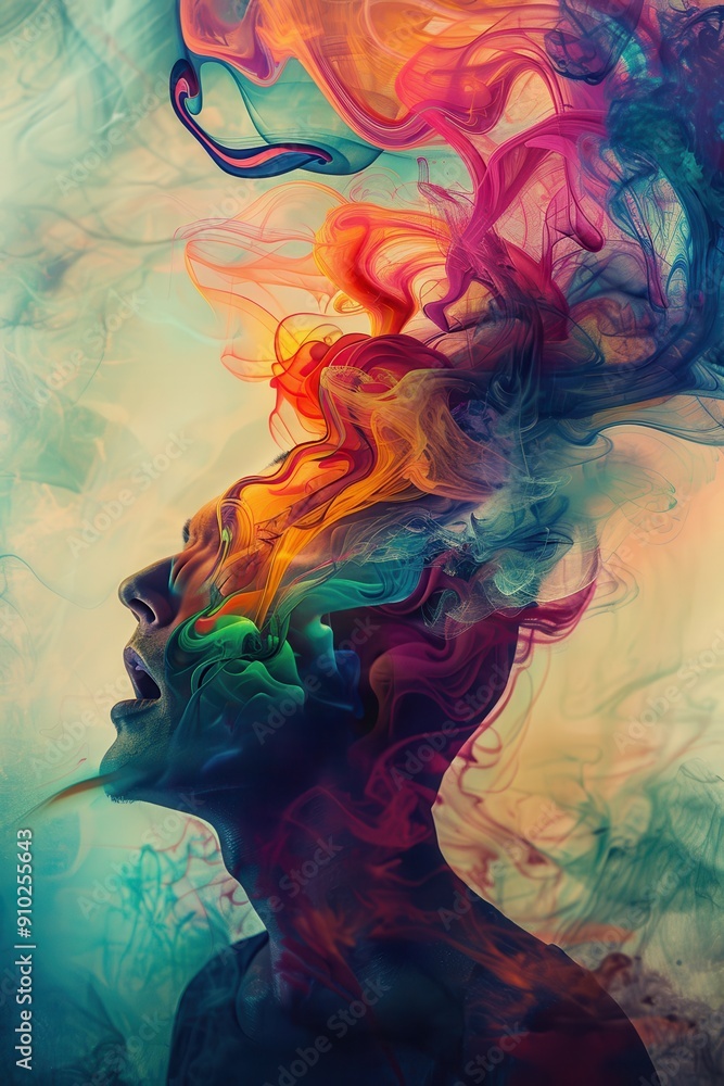 Poster bursting creativity - abstract concept of colorful thoughts flowing from an open mind