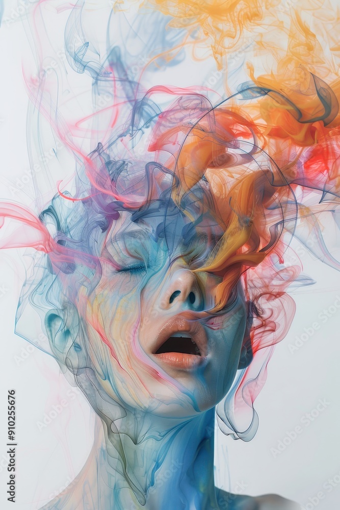Poster bursting creativity - colorful smoke and shapes emerging from open head symbolizing overflowing thou