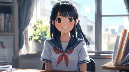 A young Japanese girl in a school uniform smiles brightly, surrounded by sunlight and books in a cozy, cluttered study.