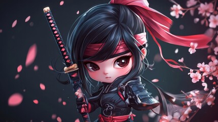 A fierce young Asian girl with a katana, surrounded by cherry blossoms, embodying strength and grace in an enchanting, animated style.