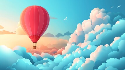 Fototapeta premium Flat 2D illustration style, hot air balloon and clouds, airy colors