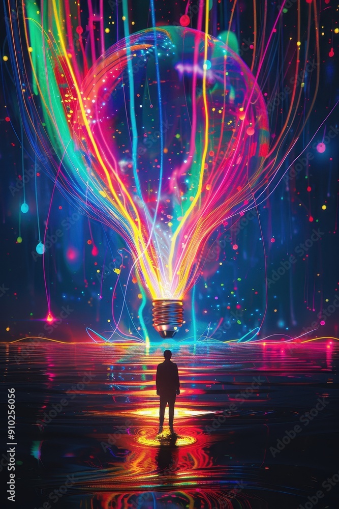 Poster illuminating creativity - person standing in front of giant light bulb with colorful streams of ligh