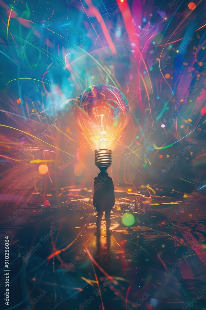 Poster illuminating creativity - person standing in front of giant light bulb with colorful streams of ligh