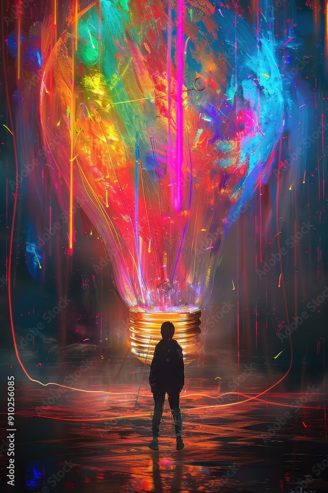 Poster illuminating creativity - person standing in front of giant light bulb with colorful streams represe